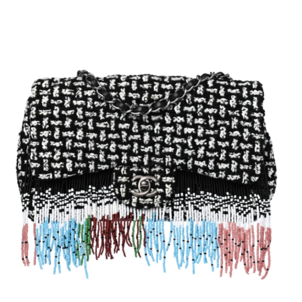 CHANEL Tweed Single Flap with Beaded Fringe